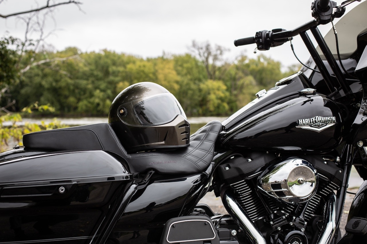 black Harley Davidson with helmet at accessories on bike