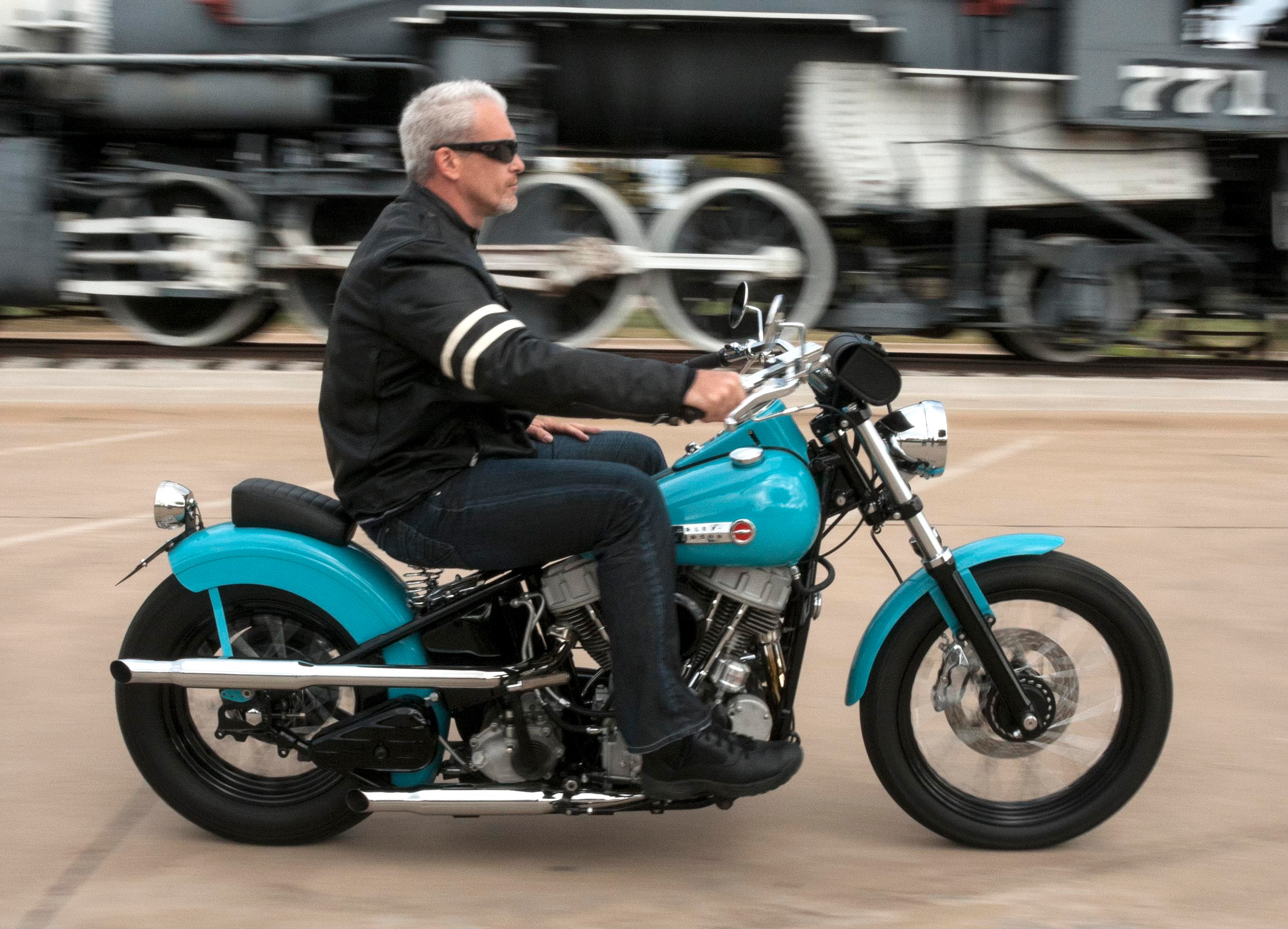 Charlie Hadayia Jr. riding his '49 Pan